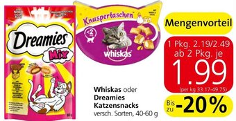 Spar Whiskas oder Dreamies Katzensnacks versch. Sorten, 40-60 g Angebot