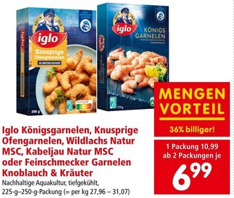 Interspar Iglo Königsgarnelen, Knusprige Ofengarnelen, Wildlachs Natur MSC, Kabeljau Natur MSC Angebot