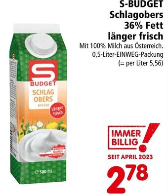 Interspar S-BUDGET Schlagobers 36% Fett länger frisch Angebot