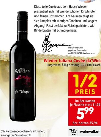 Interspar Wieder Juliana Cuvée da'Wida Burgenland, füllig & würzig, 0,75-Liter-Flasche Angebot