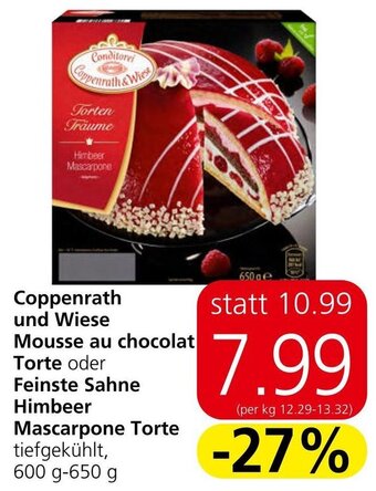 Eurospar Coppenrath und Wiese Mousse au chocolat Torte oder Feinste Sahne Himbeer Mascarpone Torte tiefgekühlt, 600 g-650 g Angebot