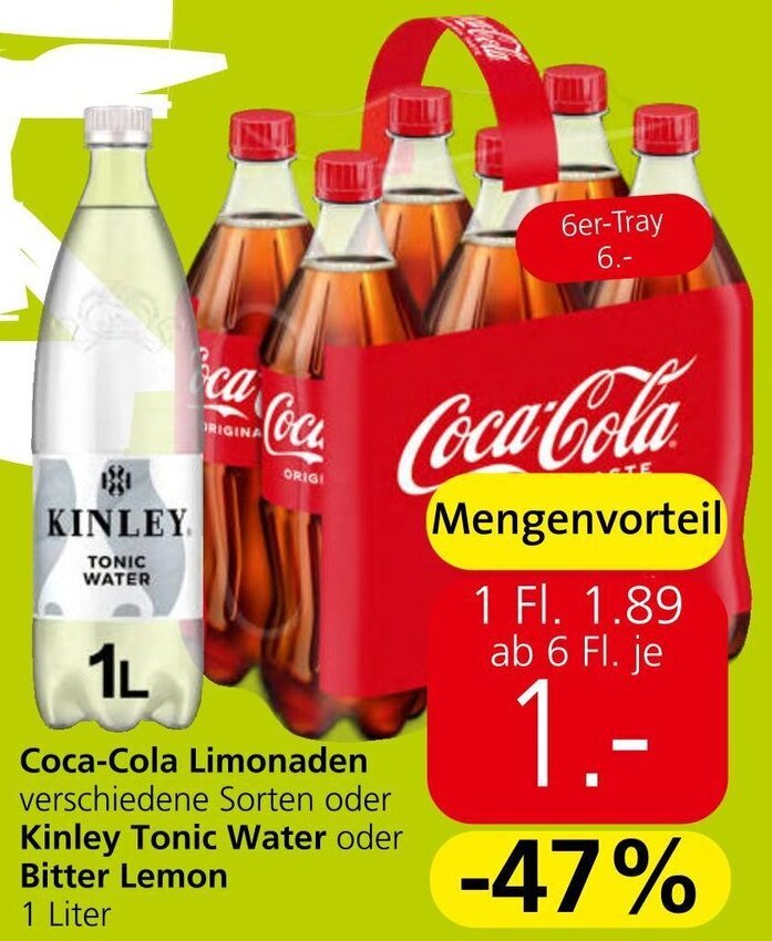 CocaCola Limonaden verschiedene Sorten oder Kinley Tonic Water oder