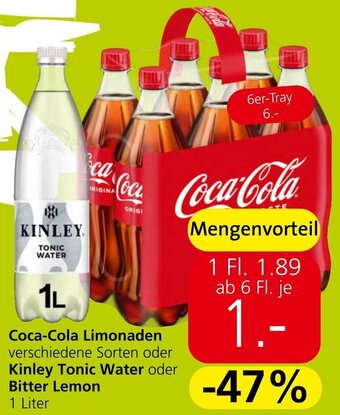 Eurospar Coca-Cola Limonaden verschiedene Sorten oder Kinley Tonic Water oder Bitter Lemon 1 Liter Angebot