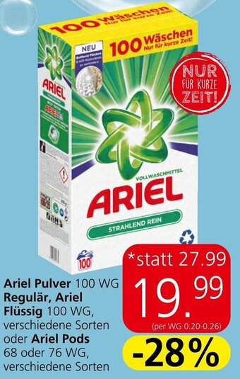 Eurospar Ariel Pulver 100 WG Regulär, Ariel Flüssig 100 WG, verschiedene Sorten oder Ariel Pods 68 oder 76 WG, verschiedene Sorten Angebot