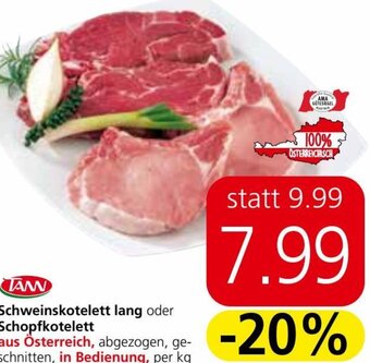 Eurospar Schweinskotelett lang oder Schopfkotelett aus Österreich, abgezogen, ge-schnitten, in Bedienung, per kg Angebot