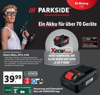 Lidl PARKSIDE PERFORMANCE® Smart Akku, 20 V, 4 Ah Angebot