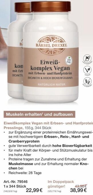 Bärbel Drexel Eiweißkomplex Vegan mit Erbsen- und Hanfprotein Presslinge, 155g, 344 Stück Angebot
