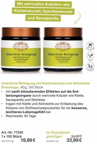 Bärbel Drexel Innerliche Reinigung mit Klettenwurzel und Aktivkohle Presslinge, 40g, 100 Stück Angebot