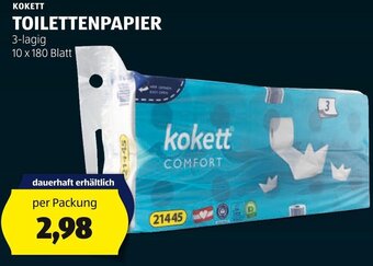 Hofer KOKETT TOILETTENPAPIER 3-lagig 10 x 180 Blatt Angebot