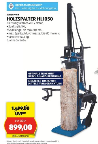 Hofer SCHEPPACH HOLZSPALTER HL1050 Angebot