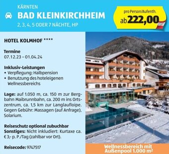 Hofer Reisen HOTEL KOLMHOF BAD KLEINKIRCHHEIM 2, 3, 4, 5 ODER 7 NÄCHTE, HP Angebot
