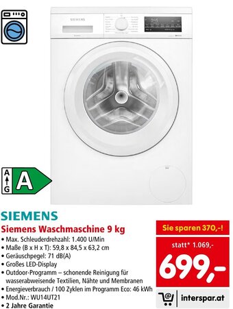 Interspar Siemens Waschmaschine 9 kg Angebot