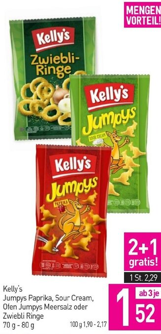 Sutterlüty Kelly's Jumpys Paprika, Sour Cream, Ofen Jumpys Meersalz oder Zwiebli Ringe 70 g- 80 g Angebot