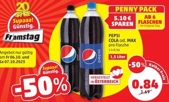 PENNY PEPSI COLA od. MAX pro Flasche 1,5 Liter Angebot
