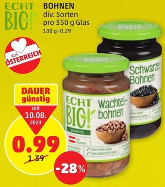 PENNY BOHNEN div. Sorten pro 350 g Glas Angebot
