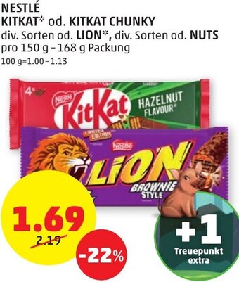 PENNY NESTLÉ KITKAT* od. KITKAT CHUNKY div. Sorten od. LION*, div. Sorten od. NUTS pro 150 g-168 g Packung Angebot