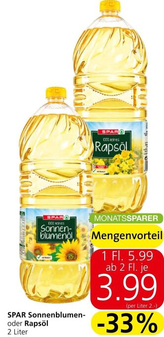 Spar SPAR Sonnenblumen-oder Rapsöl 2 Liter Angebot