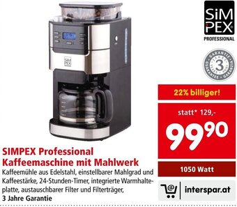 Interspar SIMPEX Professional Kaffeemaschine mit Mahlwerk 1050 Watt Angebot
