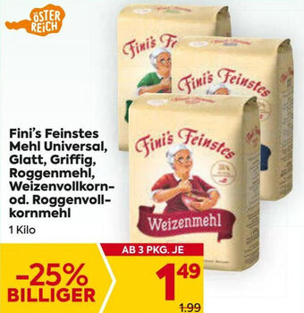 Billa Fini's Feinstes Mehl Universal, Glatt, Griffig, Roggenmehl, Weizenvollkorn-od. Roggenvoll-kornmehl 1 Kilo Angebot