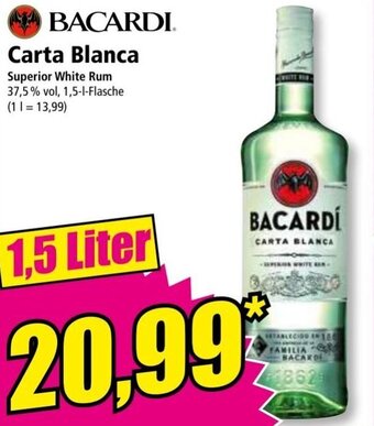 Norma BACARDI Carta Blanca Superior White Rum 37,5% vol, 1,5-L-Flasche Angebot