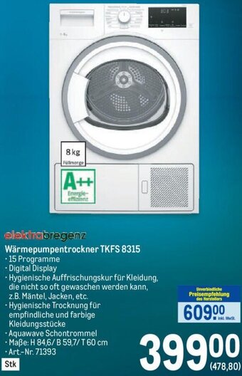 Metro Wärmepumpentrockner TKFS 8315 Angebot