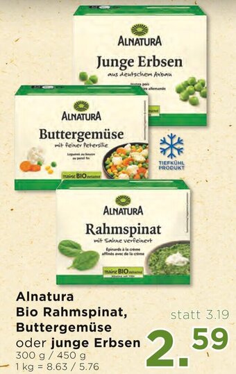 Unimarkt ALNATURA Bio Rahmspinat, Buttergemüse oder junge Erbsen 300 g/ 450 g Angebot