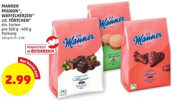 PENNY MANNER MIGNON, WAFFELHERZEN od. TÖRTCHEN div. Sorten pro 300 g-400 g Packung Angebot
