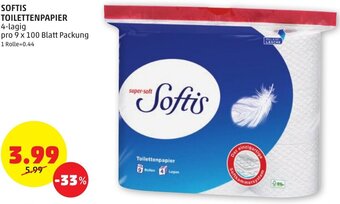 PENNY SOFTIS TOILETTENPAPIER 4-lagig pro 9 x 100 Blatt Packung Angebot