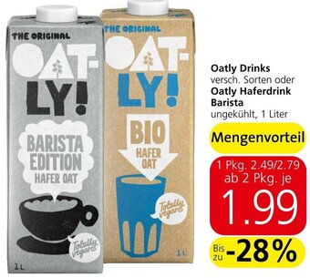 Spar Oatly Drinks versch. Sorten oder Oatly Haferdrink Barista ungekühlt, 1 Liter Angebot