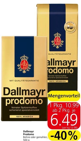 Spar Dallmayr Prodomo Bohne oder gemahlen, 500 g Angebot
