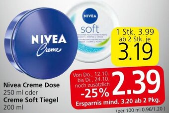 Spar Nivea Creme Dose 250 ml oder Creme Soft Tiegel 200 ml Angebot