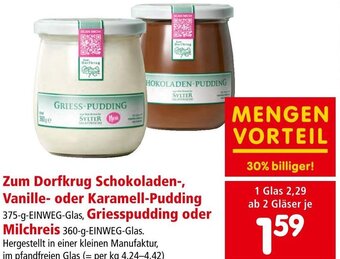 Interspar Zum Dorfkrug Schokoladen-, Vanille- oder Karamell-Pudding 375-g-EINWEG-Glas, Griesspudding oder Milchreis 360-g-EINWEG-Glas Angebot