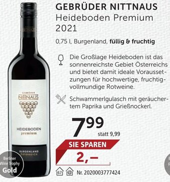 Interspar GEBRÜDER NITTNAUS Heideboden Premium 2021 0,75 l, Burgenland, füllig & fruchtig Angebot
