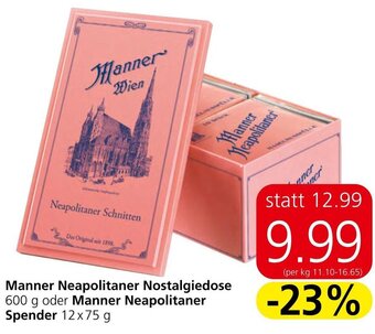 Eurospar Manner Neapolitaner Nostalgiedose 600 g oder Manner Neapolitaner Spender 12x75 g Angebot
