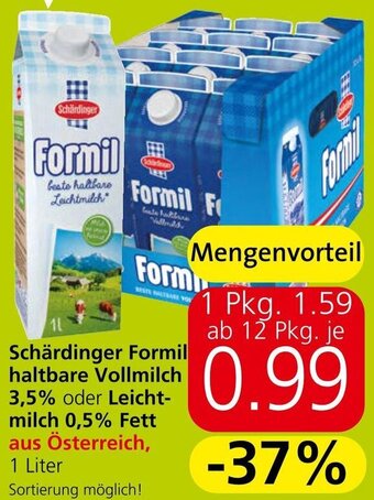 Eurospar Schärdinger Formil haltbare Vollmilch 3,5% oder Leicht-milch 0,5% Fett aus Österreich, 1 Liter Angebot
