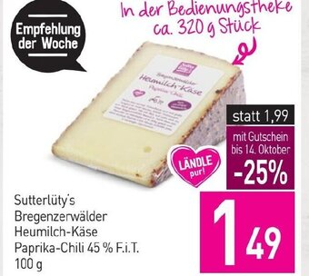 Sutterlüty Sutterlüty's Bregenzerwälder Heumilch-Käse Paprika-Chili 45 % F.i.T. 100 g Angebot