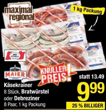 Maximarkt Käsekrainer 8 Stück, Bratwürstel oder Debreziner 8 Paar, 1 kg Packung Angebot
