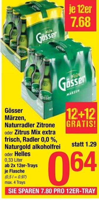 Maximarkt Gösser Märzen, Naturradler Zitrone oder Zitrus Mix extra frisch, Radler 0,0 %, Naturgold alkoholfrei oder Helles 0,33 Liter Angebot