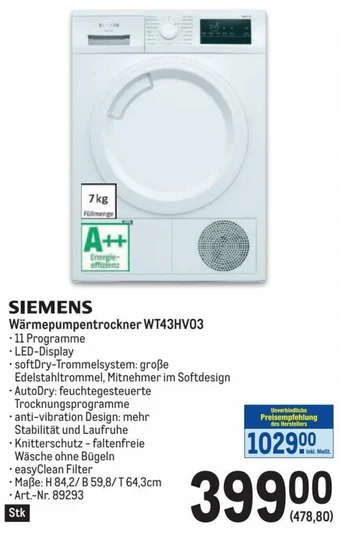 Metro SIEMENS Wärmepumpentrockner WT43HV03 Angebot