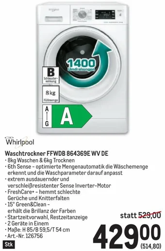 Metro Whirlpool Waschtrockner FFWDB 864369E WV DE Angebot