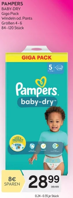 Bipa PAMPERS BABY-DRY Giga Pack Windeln od. Pants Größen 4-6 84-120 Stück Angebot
