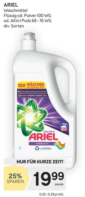 Bipa ARIEL Waschmittel Flüssig od. Pulver 100 WG od. All in 1 Pods 68-76 WG div. Sorten Angebot