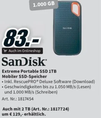 Media Markt SanDisk Extreme Portable SSD 1TB Mobiler SSD-Speicher Angebot