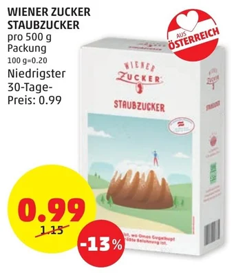 PENNY WIENER ZUCKER STAUBZUCKER pro 500 g Packung Angebot