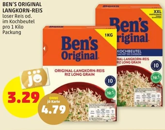 PENNY BEN'S ORIGINAL LANGKORN-REIS loser Reis od. im Kochbeutel pro 1 Kilo Packung Angebot