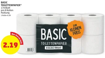 PENNY BASIC TOILETTENPAPIER 170 Blatt pro 8 Rollen Packung Angebot