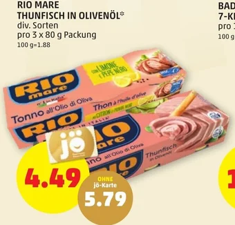 PENNY RIO MARE THUNFISCH IN OLIVENÖL div. Sorten pro 3 x 80 g Packung Angebot