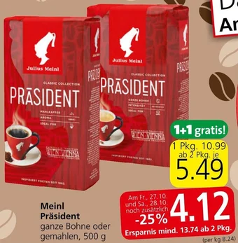 Meinl Präsident ganze Bohne oder gemahlen, 500 g