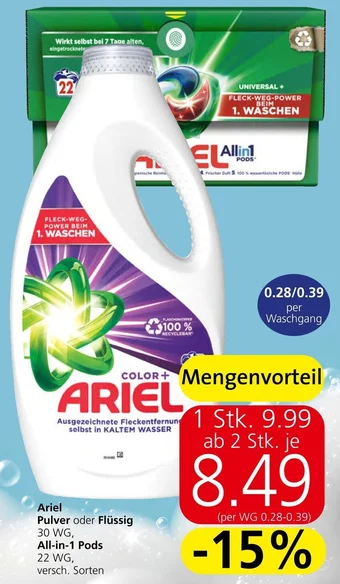 Spar Ariel Pulver oder Flüssig 30 WG, All-in-1 Pods 22 WG, versch. Sorten Angebot