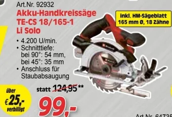 Zgonc Einhell Akku-Handkreissäge TE-CS 18/165-1 Li Solo Angebot